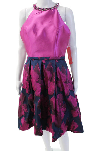 Carmen Marc Valvo Women Fit & Flare Pink High Neck Sleeveless Dress Size 8