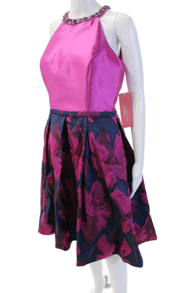 Carmen Marc Valvo Women Fit & Flare Pink High Neck Sleeveless Dress Size 8