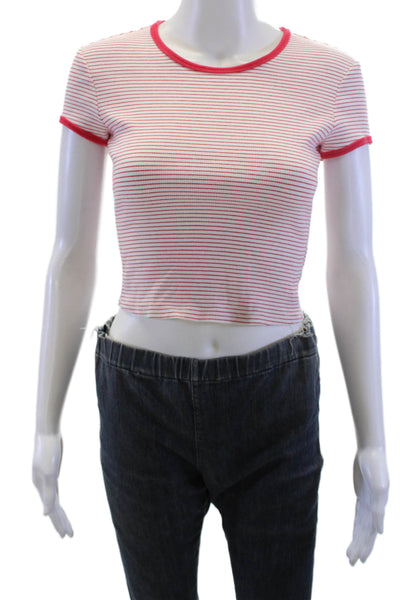 Reformation Womens Cropped Ringer T Shirt Red Striped Cap Sleeve Size S