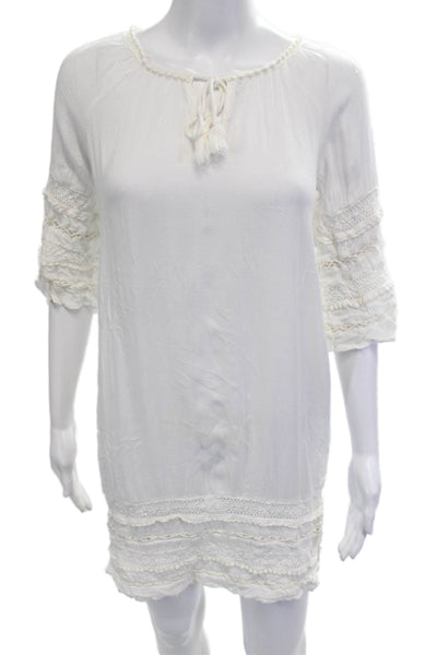 BB Dakota Women White Shift Dress 3/4 Sleeve Neck Drawstring Rayon Size XS