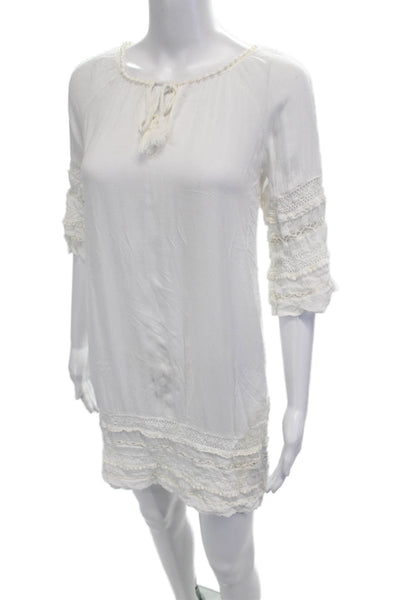 BB Dakota Women White Shift Dress 3/4 Sleeve Neck Drawstring Rayon Size XS
