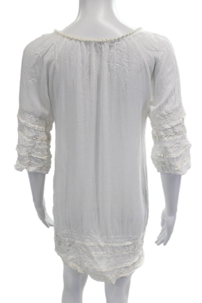 BB Dakota Women White Shift Dress 3/4 Sleeve Neck Drawstring Rayon Size XS