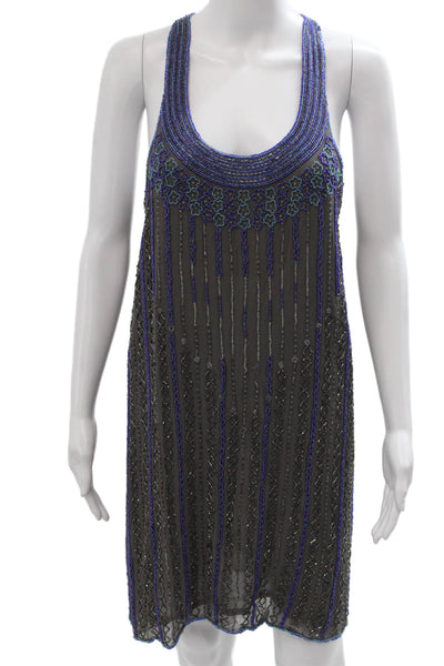 Parker Women Tank Dress Black Silk Striped Sleeveless Short Bohemian Size L
