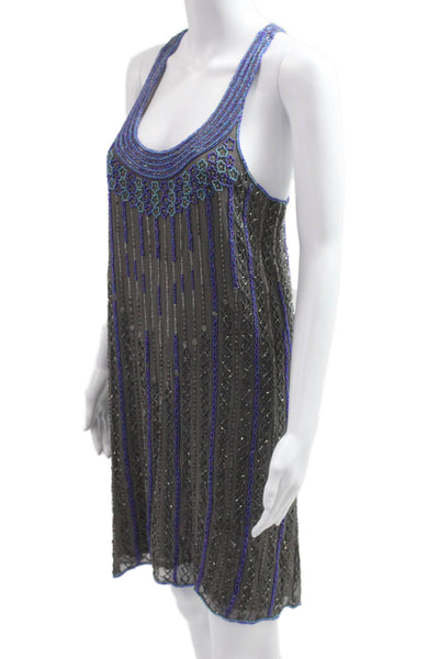 Parker Women Tank Dress Black Silk Striped Sleeveless Short Bohemian Size L