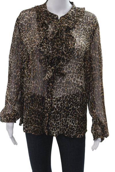 Tahari Womens Black Animal Print High Neck Button Up Blouse Long Sleeve Size 1X