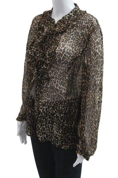 Tahari Womens Black Animal Print High Neck Button Up Blouse Long Sleeve Size 1X