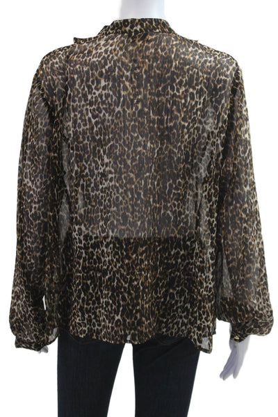 Tahari Womens Black Animal Print High Neck Button Up Blouse Long Sleeve Size 1X
