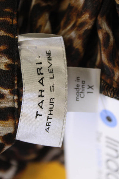 Tahari Womens Black Animal Print High Neck Button Up Blouse Long Sleeve Size 1X