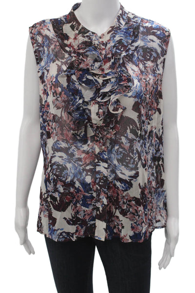 Tahari Levine Womens Floral Highneck Sleeveless Button Up Blouse Beige Size PXL