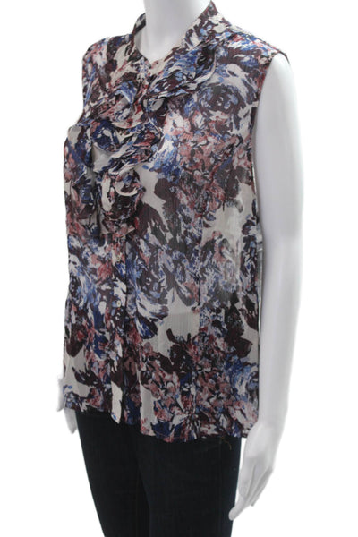 Tahari Levine Womens Floral Highneck Sleeveless Button Up Blouse Beige Size PXL