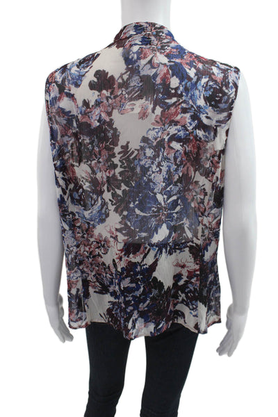 Tahari Levine Womens Floral Highneck Sleeveless Button Up Blouse Beige Size PXL