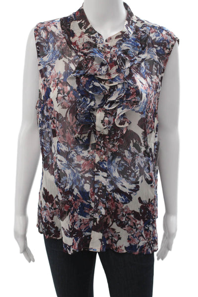 Tahari Women Black Floral High Neck Sleeveless Button Up Blouse Size L
