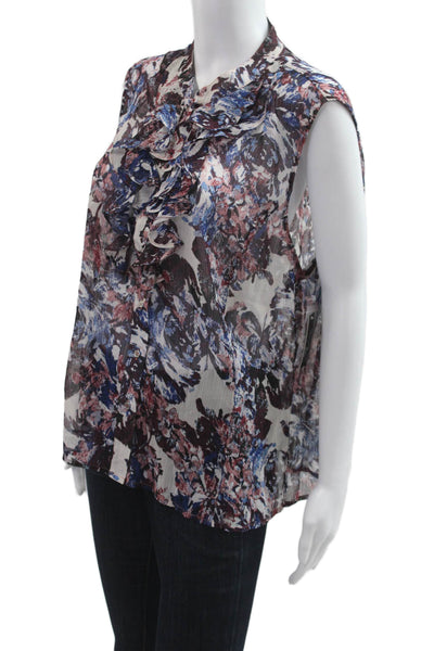 Tahari Women Black Floral High Neck Sleeveless Button Up Blouse Size L