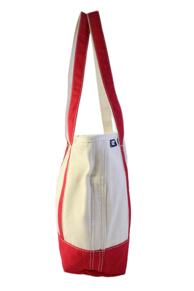 Lands End Womens Button Closure Shopper Shoulder Handbag White Red Cotton