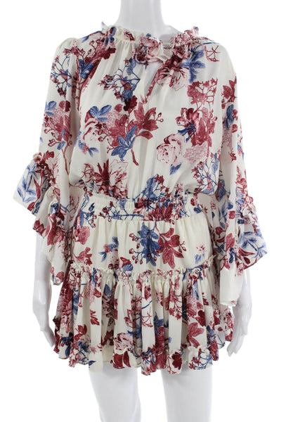 Misa Womens Blouson Mini Dress Blue Floral High Neck Long Sleeve Tie Size XS