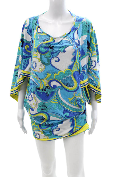 Trina Turk Women Kimono Tunic Paisley Blue Short Sleeve Blouse Petite Size S