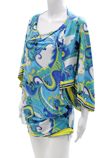 Trina Turk Women Kimono Tunic Paisley Blue Short Sleeve Blouse Petite Size S