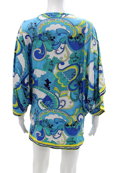 Trina Turk Women Kimono Tunic Paisley Blue Short Sleeve Blouse Petite Size S