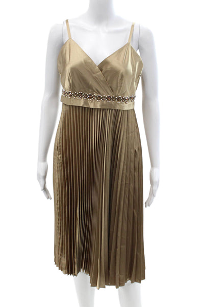 Ideology Women Fit & Flare Dress Beige V-Neck Sleeveless Zip Knee Length Size S