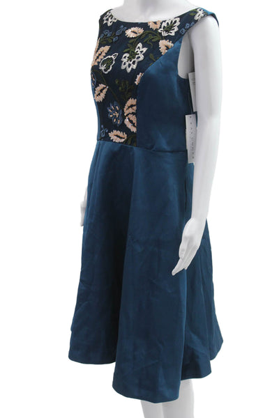 Kay Unger Womens Dark Blue Floral A-Line Fit Flare Dress Sleeveless Zip Size 10