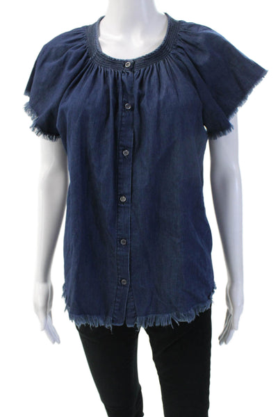 NSF Womens Boho Dark Blue Cotton Short Sleeve Buttonup Blouse Size PP