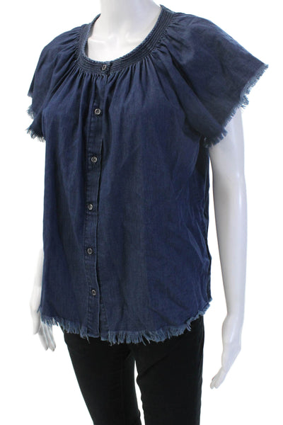 NSF Womens Boho Dark Blue Cotton Short Sleeve Buttonup Blouse Size PP