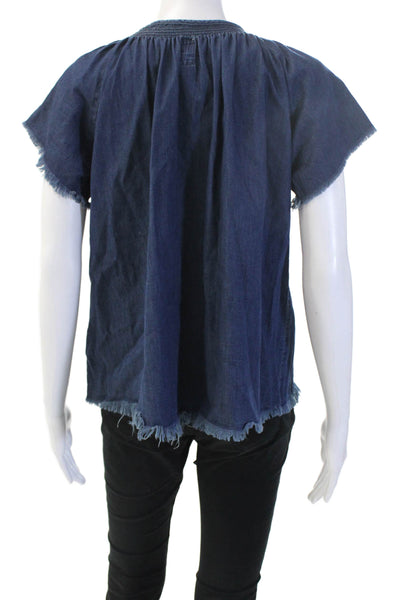NSF Womens Boho Dark Blue Cotton Short Sleeve Buttonup Blouse Size PP