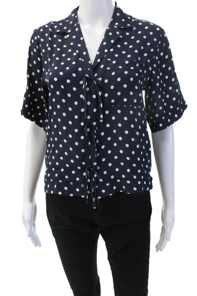 Birds of Paradis Women Dark Blue Polka Dot Collared Button Blouse Size XS