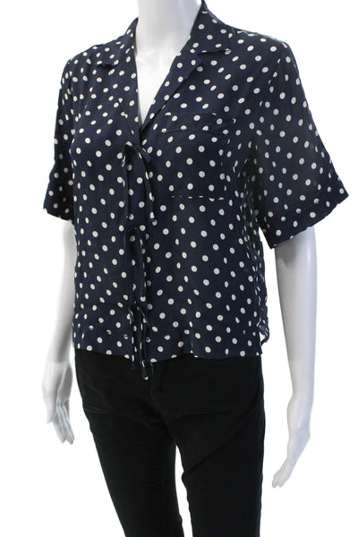 Birds of Paradis Women Dark Blue Polka Dot Collared Button Blouse Size XS