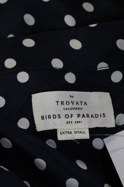 Birds of Paradis Women Dark Blue Polka Dot Collared Button Blouse Size XS