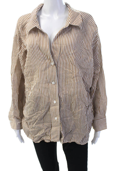 Zara Womens Basic Striped Cotton Button-Up Collared Long Sleeve Brown Size XS