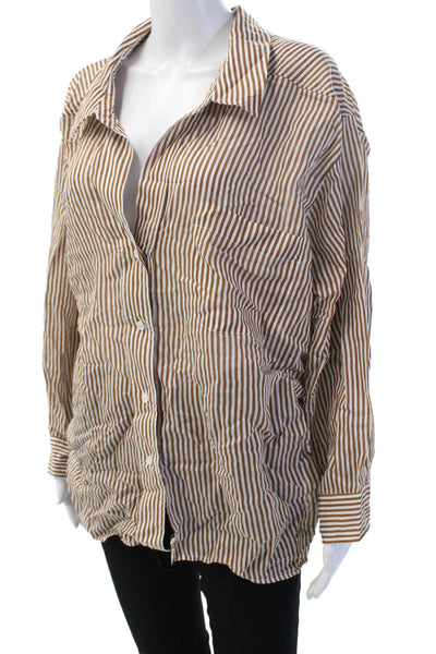 Zara Womens Basic Striped Cotton Button-Up Collared Long Sleeve Brown Size XS