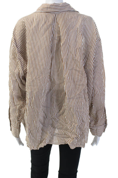 Zara Womens Basic Striped Cotton Button-Up Collared Long Sleeve Brown Size XS