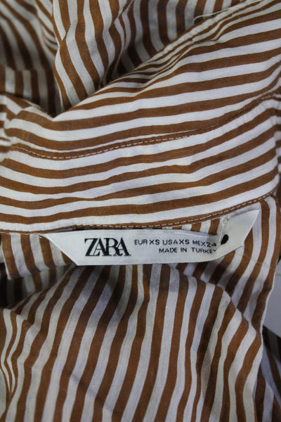 Zara Womens Basic Striped Cotton Button-Up Collared Long Sleeve Brown Size XS