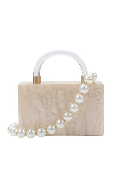 Trousseaux Womens Marble Print Classic Pearl Strap Top Handle Handbag Beige