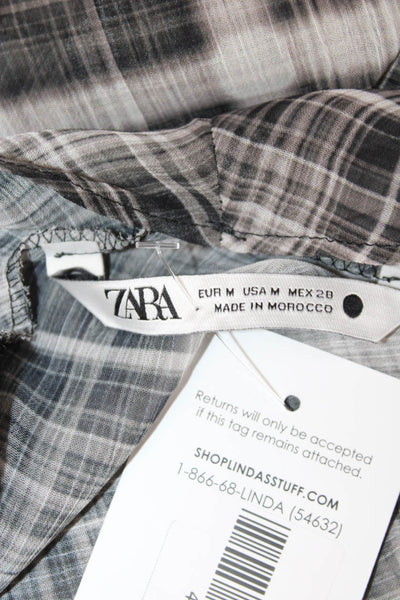 Zara Women Black Plaid Mock Neck Long Sleeve Polyester Blouse Size M