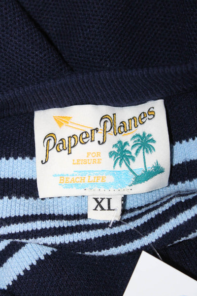 Paper Plane London Mens Pullover Sweater Dark Blue Striped Long Sleeve Size XL
