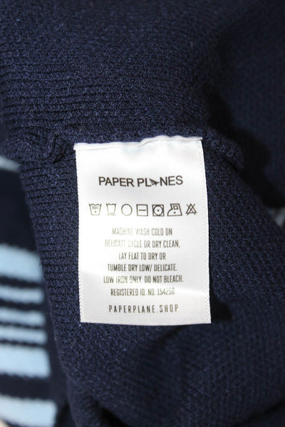 Paper Plane London Mens Pullover Sweater Dark Blue Striped Long Sleeve Size XL
