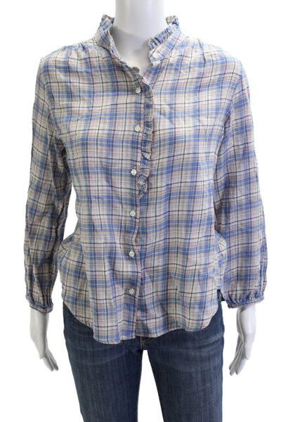 Birds of Paradis Women Blue Plaid Mock Neck Button Up Blouse Size XS