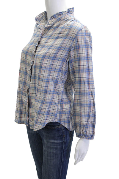 Birds of Paradis Women Blue Plaid Mock Neck Button Up Blouse Size XS