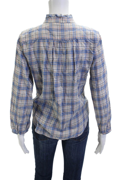 Birds of Paradis Women Blue Plaid Mock Neck Button Up Blouse Size XS