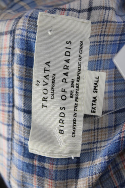 Birds of Paradis Women Blue Plaid Mock Neck Button Up Blouse Size XS