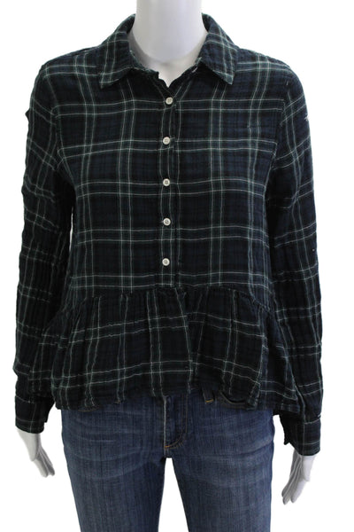 Birds of Paradis Womens Plaid Collared Button-Up Dark Blue Long Sleeve Size S