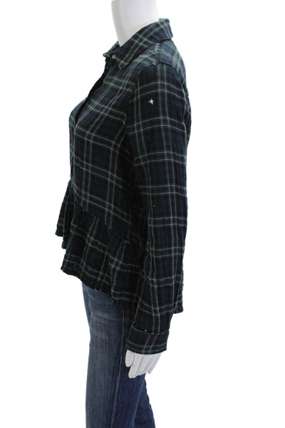 Birds of Paradis Womens Plaid Collared Button-Up Dark Blue Long Sleeve Size S