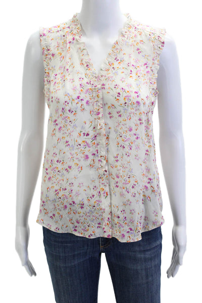 Go Silk Women White 100% Silk Floral V-Neck Sleeveless Blouse Size XS
