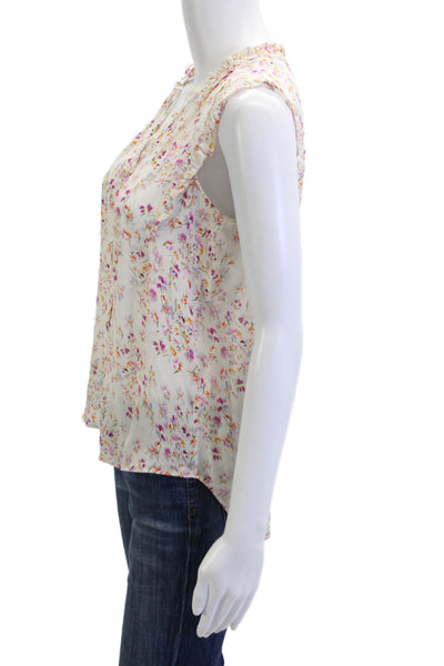 Go Silk Women White 100% Silk Floral V-Neck Sleeveless Blouse Size XS