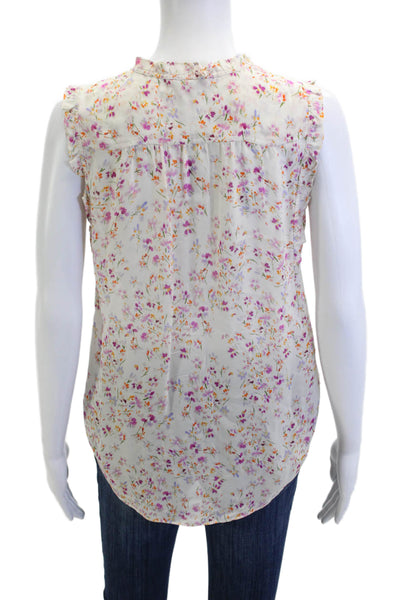 Go Silk Women White 100% Silk Floral V-Neck Sleeveless Blouse Size XS