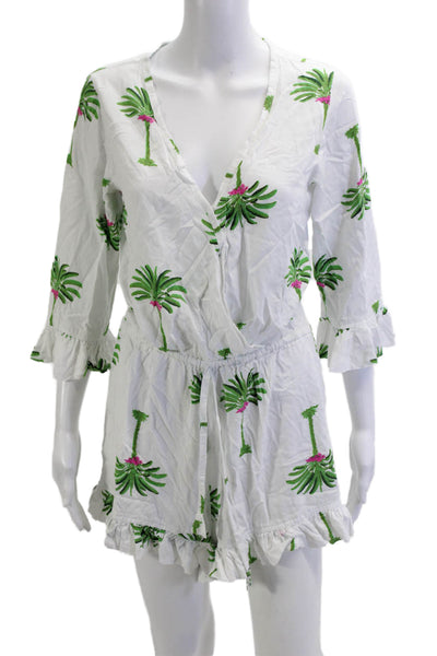 Piyama Women Jumpsuit Green Palm Tree V Neck 3/4 Sleeve Rayon Size S