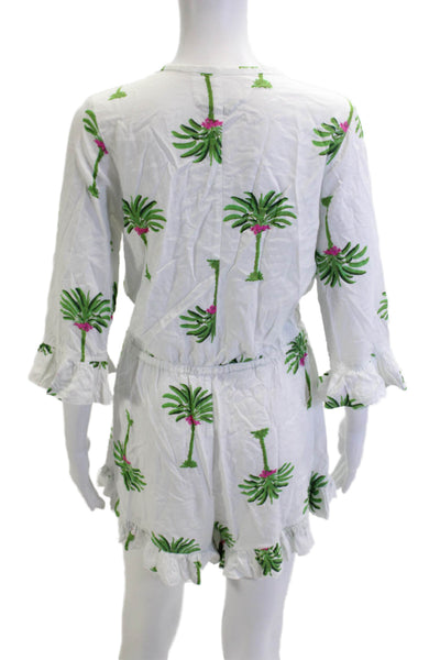 Piyama Women Jumpsuit Green Palm Tree V Neck 3/4 Sleeve Rayon Size S