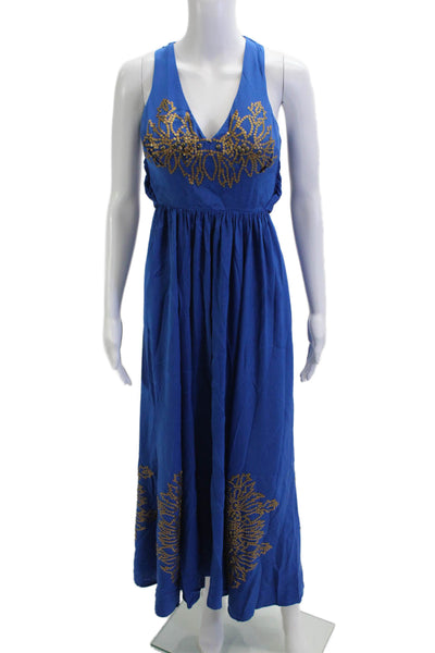 Tracy Reese Womens Maxi Tank Silk V-Neck Sleeveless Blue Tie Size 4